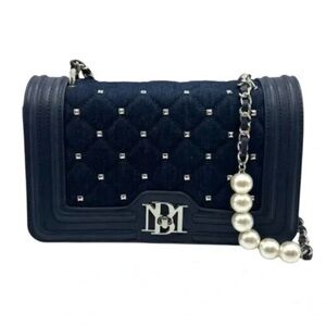 Badgley Mischka Navy Quilted and Studded Crossbody Denim Bag with Pearls